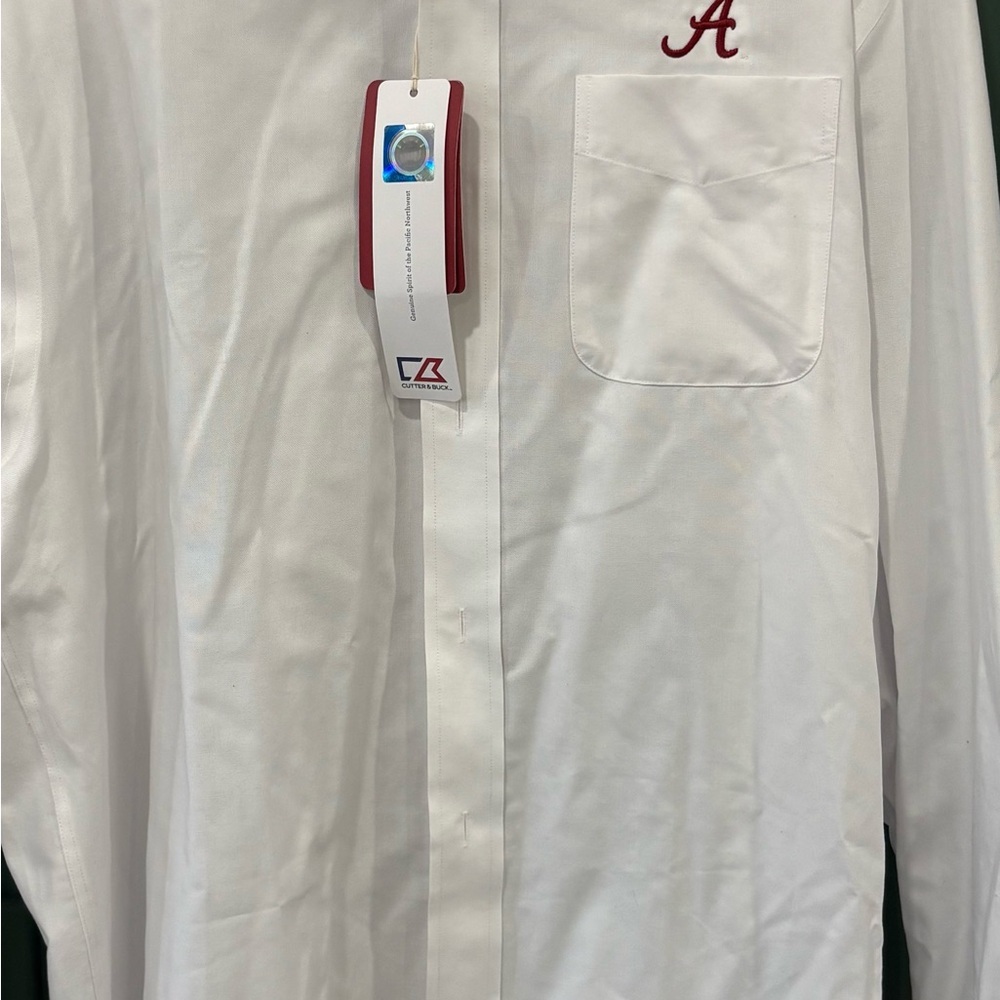 Cutter & Buck White Dress Shirt with Crimson Tide Script A Embroidery